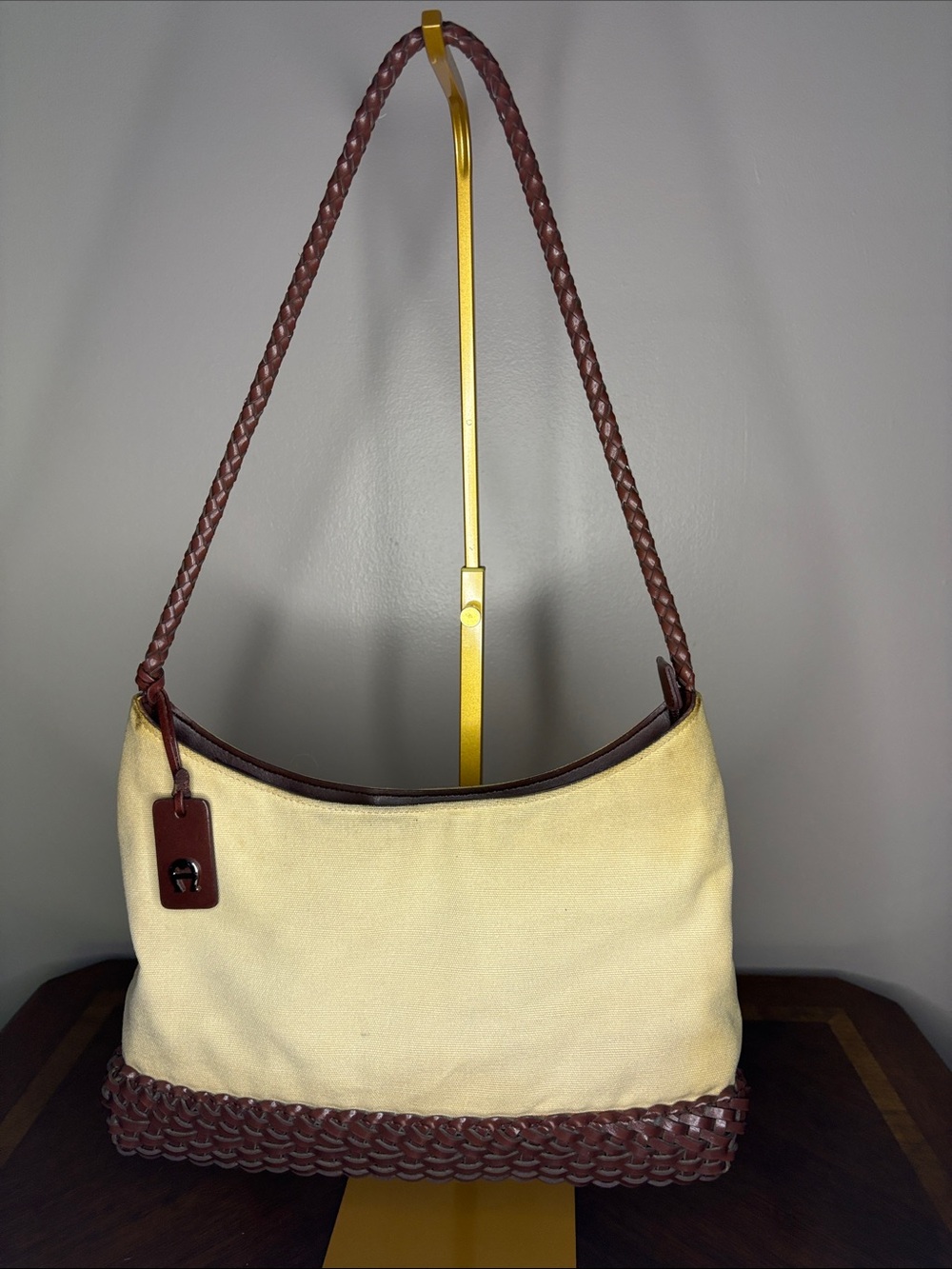 Aigner Canvas Shoulder Bag with Braided Leather Trim - Cream/Brown
